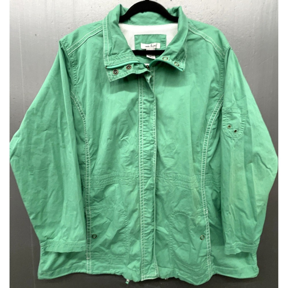 Womens Jacket 2X Green Windbreaker Cotton Stretch Pockets‎ Preppy Coat